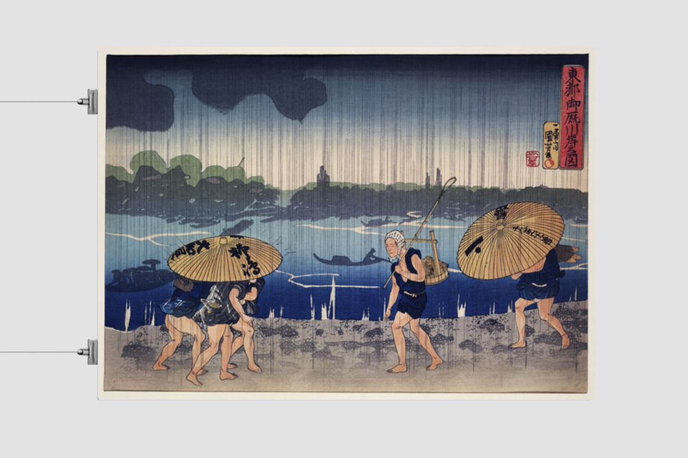 “People Walking Beneath Umbrellas Along the Seashore During a Rainstorm” by Utagawa Kuniyoshi (1798-1861), a woodcut illustrations of rural people traveling while raining.