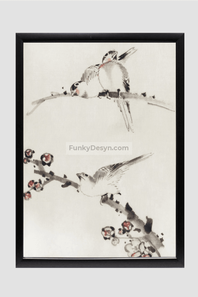 Three Birds Perched on Branches, One with Blossoms by Katsushika Hokusai