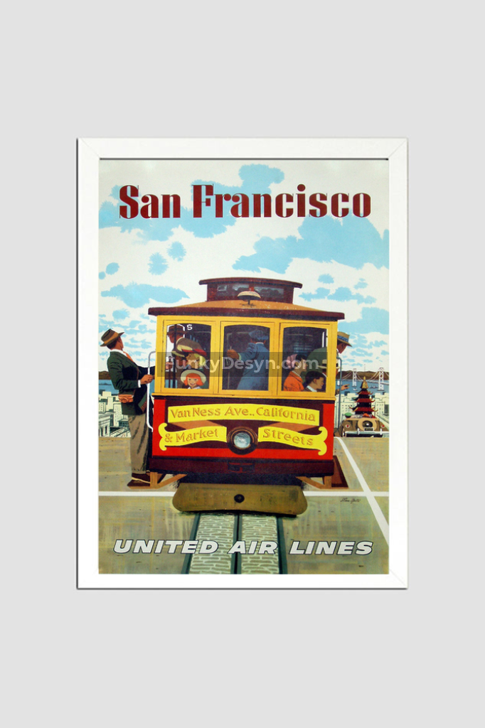 United Airlines San Francisco Vintage Poster 8.3X11.7 Inches/ White Framed Decor