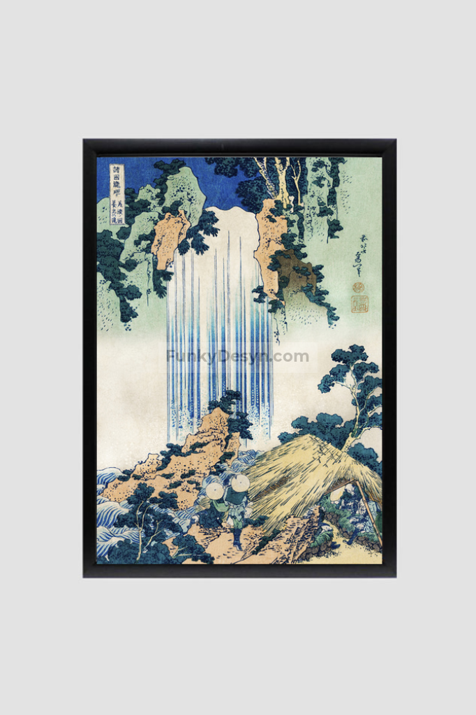 Yoro Waterfall in Mino Province by Katsushika Hokusai (1760-1849) a traditional Japanese Ukyio-e style illustration of two travellers looking at a waterfall and some travelers resting at the side