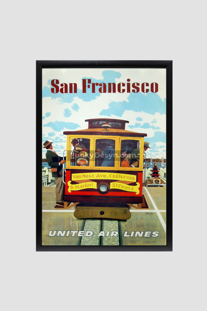 United Airlines San Francisco Vintage Poster 8.3X11.7 Inches/ Black Framed Decor