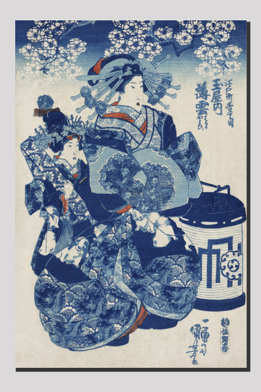 Tamaya uchi Usugumo by Utagawa Kuniyoshi (1753-1806), translated The Courtesan Hanao of Ogi-ya, a traditional Japanese ukiyo-e style illustration of a well-dressed courtesan woman with elaborate hair ornaments sitting with