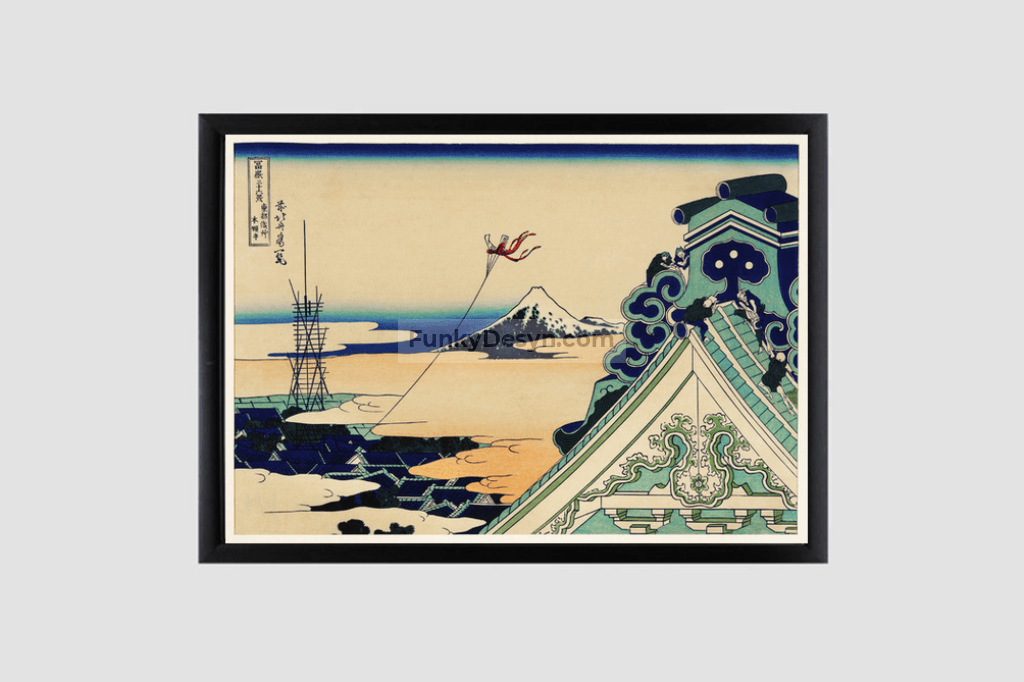 Toto Asakusa Honganji by Katsushika Hokusai (1760-1849), meaning Hongan-ji Temple at Asakusa in the Eastern Capital, a traditional Japanese Ukyio-e style illustration of a traditional temple with a kite flying through the