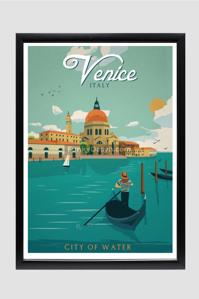 Venice Vintage Travel Poster 11.7X16.54 Inches/ Black Framed Decor
