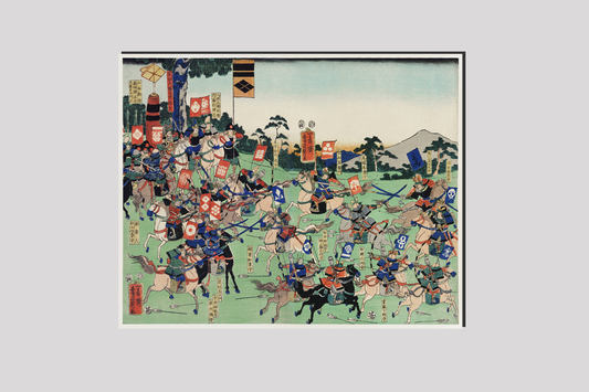 Kawanakajima no Kassen by Utagawa Kuniyoshi (1798-1861), a woodcut diptych of battle at Kawanakajima, showing two armies of cavalry in a battle with swordsmen and archers on horseback