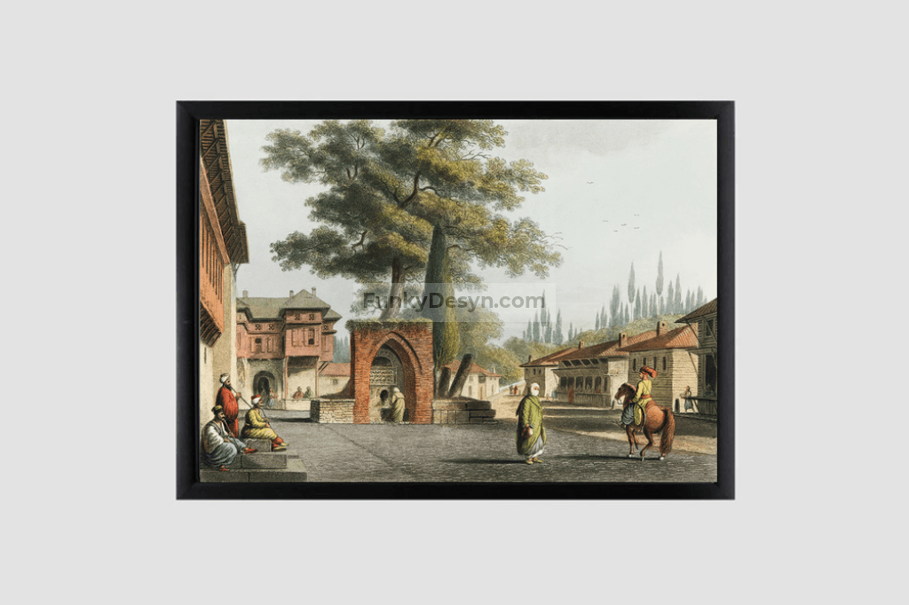 Caravansary at Kustchiuk Czemege from Views in the Ottoman Dominions, in Europe, in Asia, and some of the Mediterranean islands (1810)  by Luigi Mayer (1755-1803).