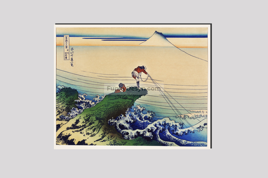 Koshu Kajikazawa by Katsushika Hokusai (1760-1849) a traditional Japanese Ukyio-e style illustration of a fisherman inland fishing with Mount Fuji in the background