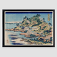 Sesshu Ajigawaguchi Tenposan by Katsushika Hokusai (1760-1849) a traditional Japanese Ukyio-e style illustration of a coastal community with shrines and pilgrims entering into the island