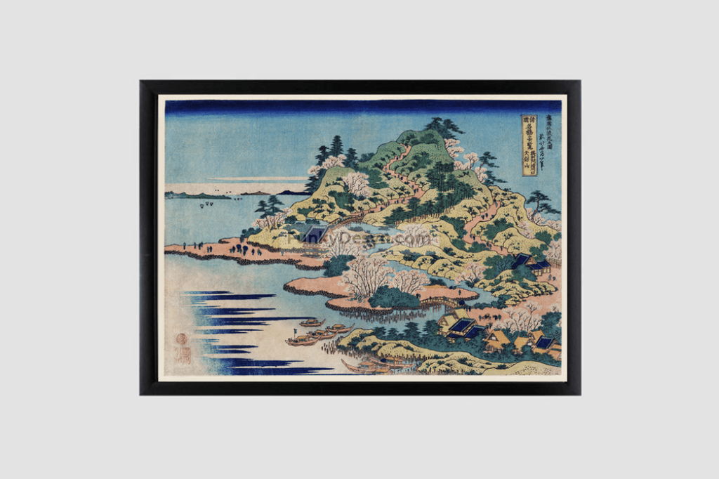 Sesshu Ajigawaguchi Tenposan by Katsushika Hokusai (1760-1849) a traditional Japanese Ukyio-e style illustration of a coastal community with shrines and pilgrims entering into the island