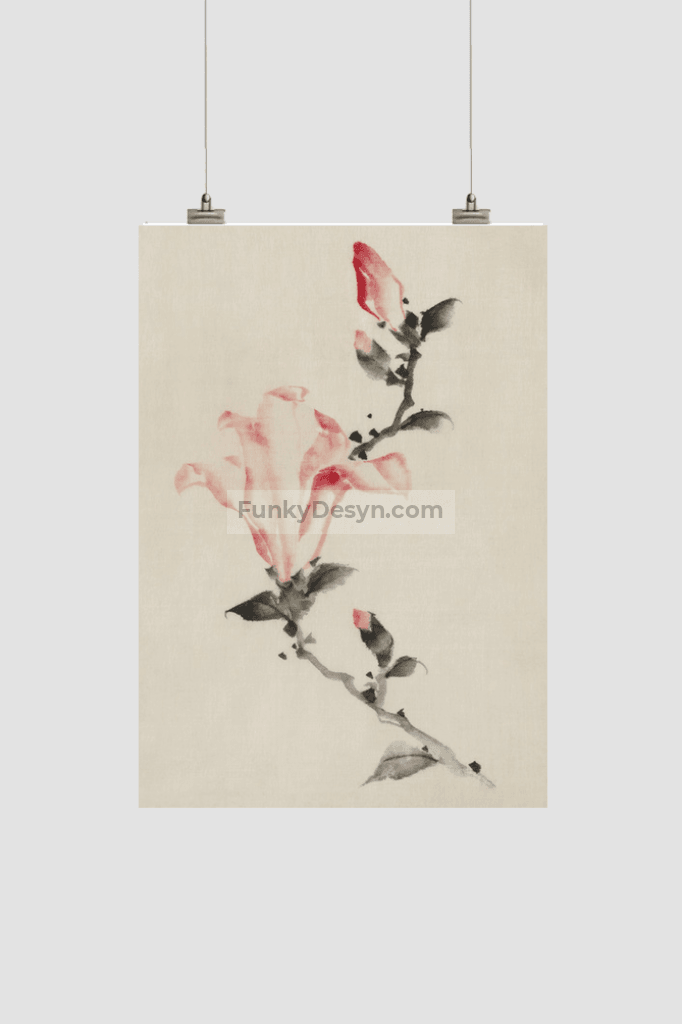 Large Pink Blossom on a Stem with Three Additional Buds by Katsushika Hokusai