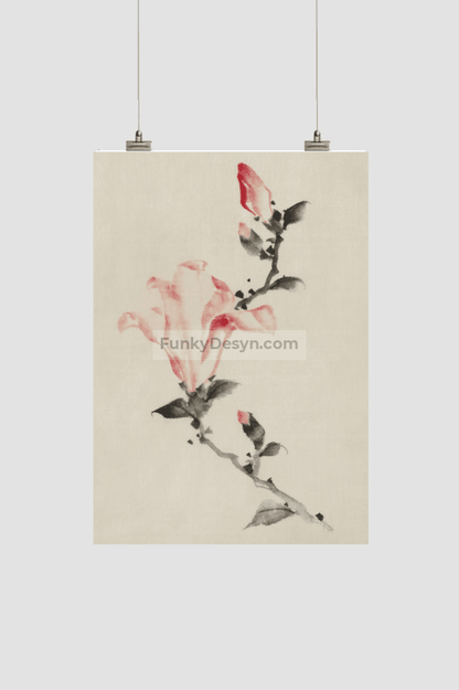 Large Pink Blossom on a Stem with Three Additional Buds by Katsushika Hokusai