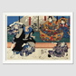 Sato Norikiyo Nyudo Saigo Yoshinaka by Utagawa Kuniyoshi (1753-1806), a traditional Japanese ukiyo-e style diptych illustration of a traditional Japanese man role, Sato Norikiyo, fighting off men who try to stop him to bec