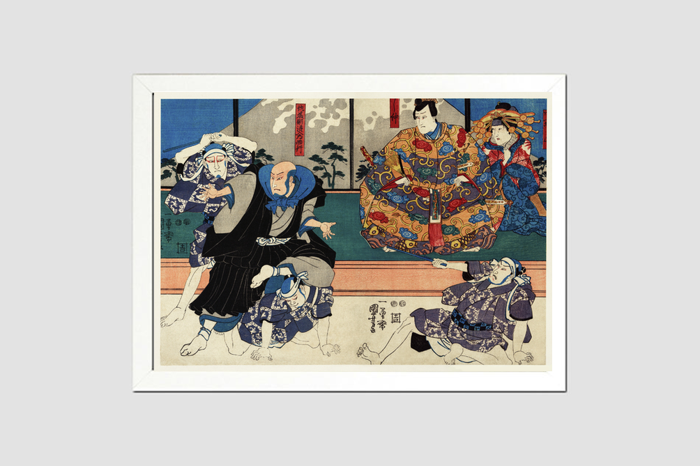 Sato Norikiyo Nyudo Saigo Yoshinaka by Utagawa Kuniyoshi (1753-1806), a traditional Japanese ukiyo-e style diptych illustration of a traditional Japanese man role, Sato Norikiyo, fighting off men who try to stop him to bec