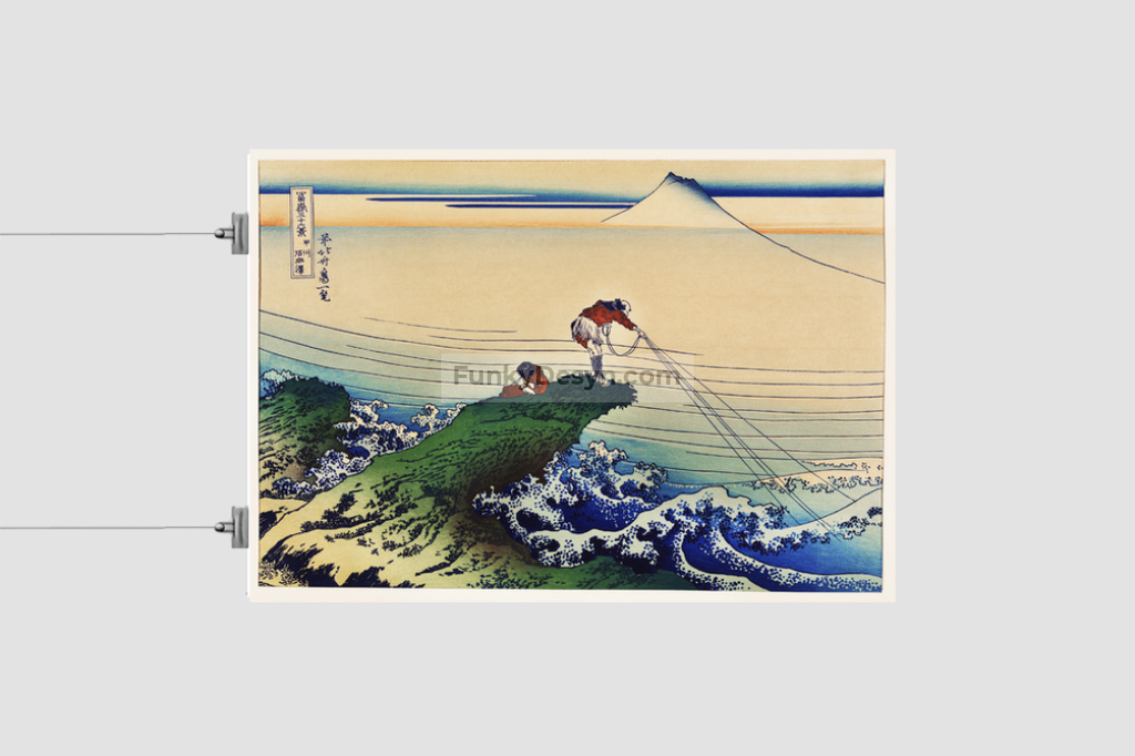 Koshu Kajikazawa by Katsushika Hokusai (1760-1849) a traditional Japanese Ukyio-e style illustration of a fisherman inland fishing with Mount Fuji in the background