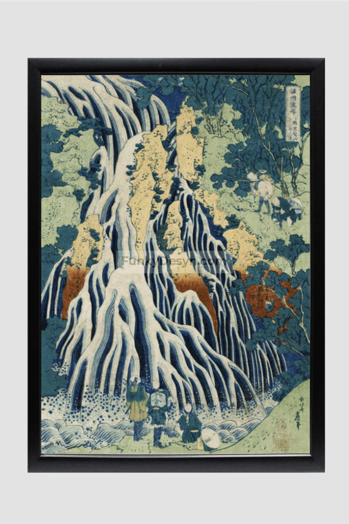 Shimotsuke Kurokami-Yama Kurifuri no Taki by Katsushika Hokusai (1760-1849) a traditional Japanese Ukyio-e style illustration of majestic Kirifuri Falls at Mount Kurokami in Shimosuke and sightseers
