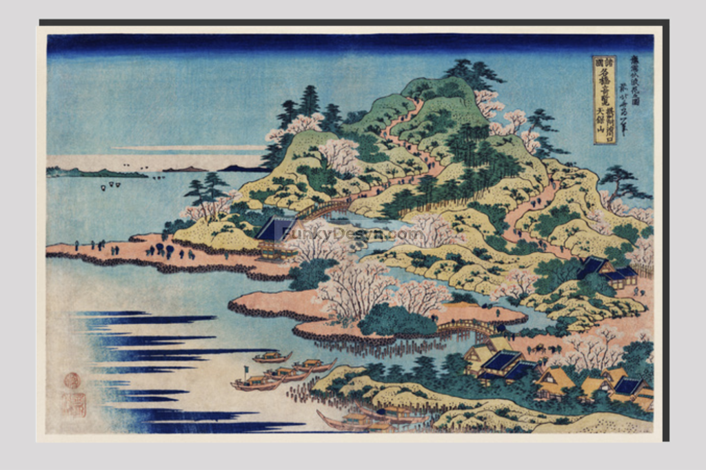 Sesshu Ajigawaguchi Tenposan by Katsushika Hokusai (1760-1849) a traditional Japanese Ukyio-e style illustration of a coastal community with shrines and pilgrims entering into the island