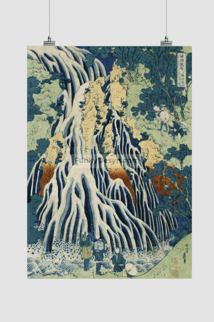 Shimotsuke Kurokami-Yama Kurifuri no Taki by Katsushika Hokusai (1760-1849) a traditional Japanese Ukyio-e style illustration of majestic Kirifuri Falls at Mount Kurokami in Shimosuke and sightseers