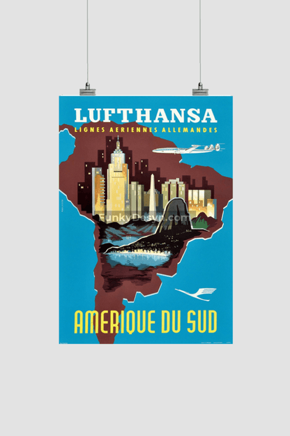 1958 Lufthansa South America Travel Poster 8.3X11.7 Inches/ Rolled Decor