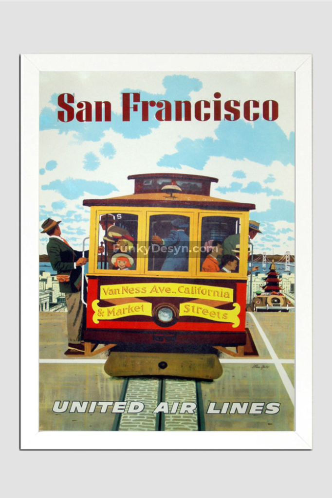 United Airlines San Francisco Vintage Poster 11.7X16.54 Inches/ White Framed Decor