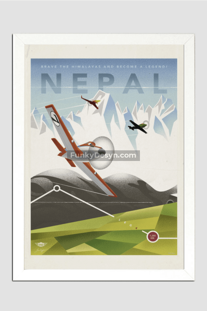 Planes Vintage Poster Nepal 11.7X16.54 Inches/ White Framed Decor