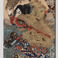 Kinhyoshi Yorin, Hero of the Suikoden by Utagawa Kuniyoshi (1753-1806), a traditional Japanese ukiyo-e style illustration of a samurai man, the hero of the Suikoden, holding katana and straw hat
