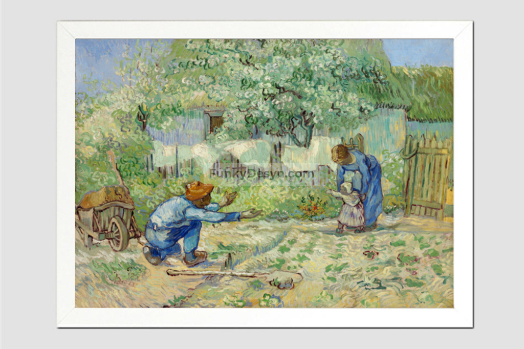 First Steps After Millet (1890) By Vincent Van Gogh. 11.7X16.54 Inches/ White Framed Poster