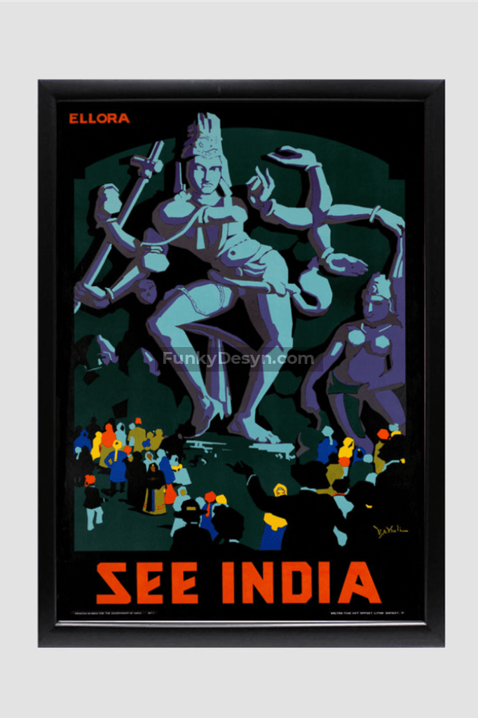See India Ellora - Vintage Travel Poster 11.7X16.54 Inches/ Black Framed Decor