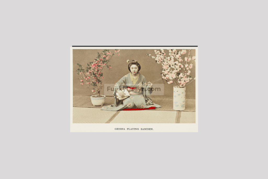 Geisha Playing Samisen, hand–colored albumen silver print from Japan. Described and Illustrated by the Japanese (1897) by Kazumasa Ogawa.