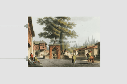 Caravansary at Kustchiuk Czemege from Views in the Ottoman Dominions, in Europe, in Asia, and some of the Mediterranean islands (1810)  by Luigi Mayer (1755-1803).