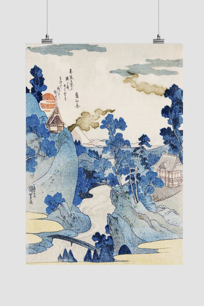 Fuji no Yukei by Utagawa Kuniyoshi (1798-1861), translated An Evening View of Fuji, a traditional Japanese ukiyo-e style illustration of the stream of Asazawa in spring with view of Mount Fuji from the hot springs at Hakon