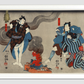 Oyone Magoshichi Taheiji by Utagawa Kuniyoshi (1798-1861), a woodcut diptychs of the traditional Japanese play with three actors, two male with sword, one protecting a woman and one intimidating them. Original from Library