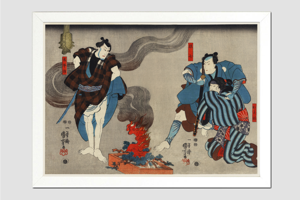 Oyone Magoshichi Taheiji by Utagawa Kuniyoshi (1798-1861), a woodcut diptychs of the traditional Japanese play with three actors, two male with sword, one protecting a woman and one intimidating them. Original from Library