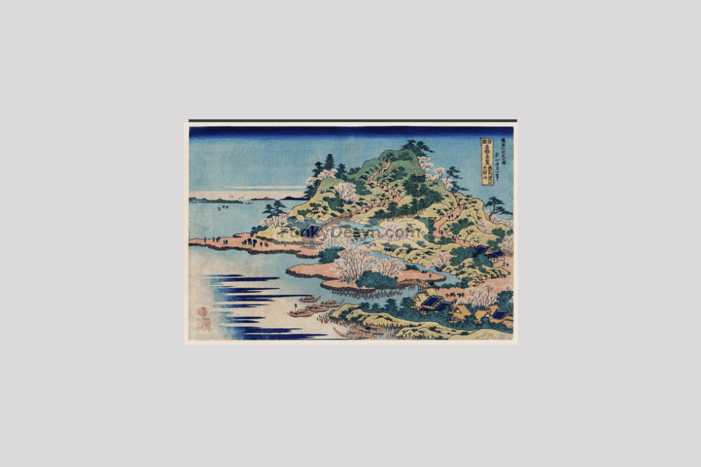 Sesshu Ajigawaguchi Tenposan by Katsushika Hokusai (1760-1849) a traditional Japanese Ukyio-e style illustration of a coastal community with shrines and pilgrims entering into the island