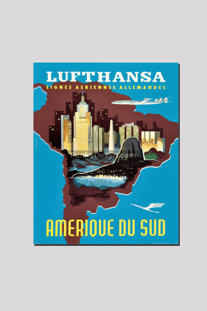 1958 Lufthansa South America Travel Poster 16X20 Inches/ Wrapped Canvas Decor