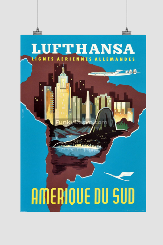 1958 Lufthansa South America Travel Poster 11.7X16.54 Inches/ Rolled Decor