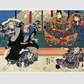 Sato Norikiyo Nyudo Saigo Yoshinaka by Utagawa Kuniyoshi (1753-1806), a traditional Japanese ukiyo-e style diptych illustration of a traditional Japanese man role, Sato Norikiyo, fighting off men who try to stop him to bec