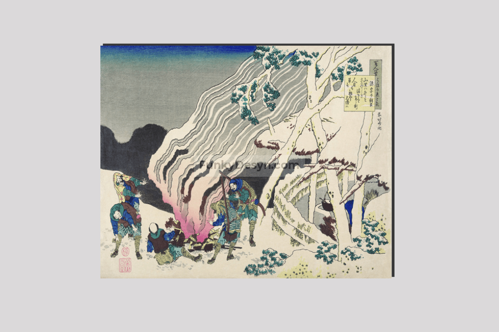 Minamoto no Muneyuki Ason by Katsushika Hokusai (1760-1849) a traditional Japanese Ukyio-e style illustration and poem of courtier warming themselves near the fire in the wintry night