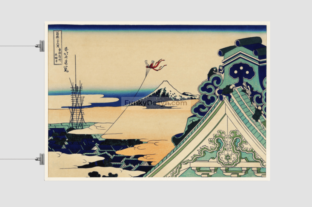 Toto Asakusa Honganji by Katsushika Hokusai (1760-1849), meaning Hongan-ji Temple at Asakusa in the Eastern Capital, a traditional Japanese Ukyio-e style illustration of a traditional temple with a kite flying through the