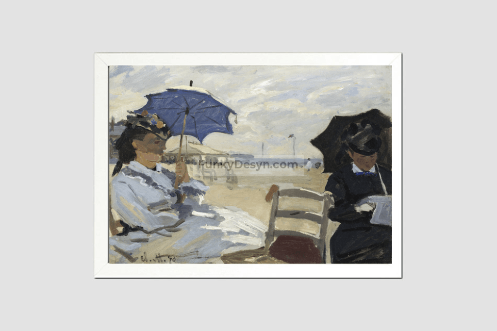 Claude Monets The Beach At Trouville (1870) 8.3X11.7 Inches/ White Framed Poster