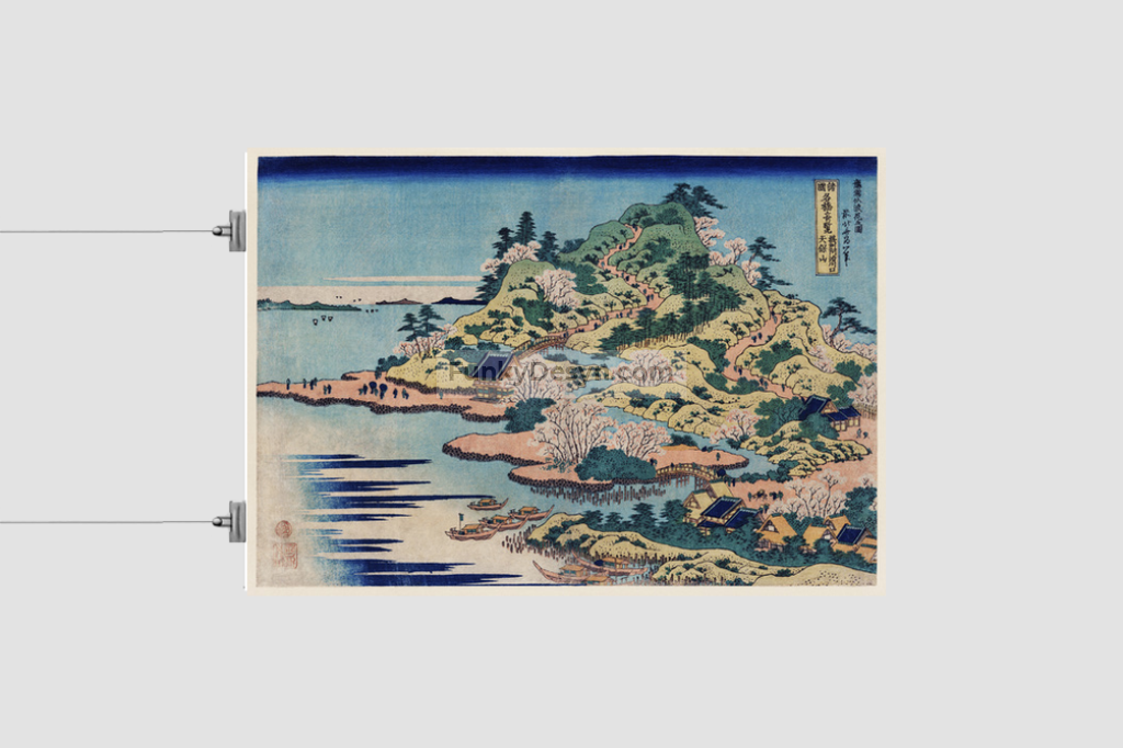 Sesshu Ajigawaguchi Tenposan by Katsushika Hokusai (1760-1849) a traditional Japanese Ukyio-e style illustration of a coastal community with shrines and pilgrims entering into the island