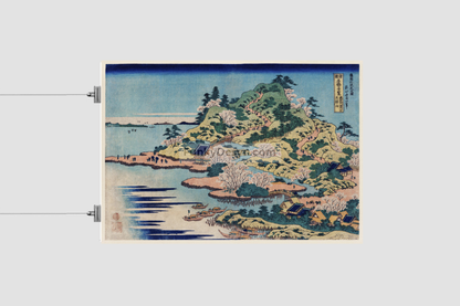 Sesshu Ajigawaguchi Tenposan by Katsushika Hokusai (1760-1849) a traditional Japanese Ukyio-e style illustration of a coastal community with shrines and pilgrims entering into the island