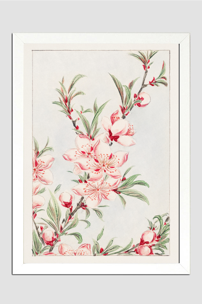 Peach tree branches with leaves and blossoms during 1870–1880 by Megata Morikaga