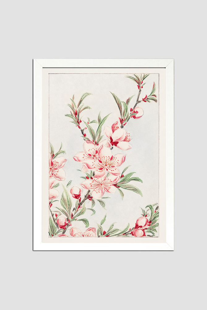 Peach tree branches with leaves and blossoms during 1870–1880 by Megata Morikaga