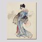 Woman, Full-Length Portrait, Standing, Facing Left, Holding Fan in Right Hand, Wearing Kimono with Check Design by Katsushika Hokusai (1760-1849), a traditional Japanese Ukyio-e style illustration of a Japanese woman in ki
