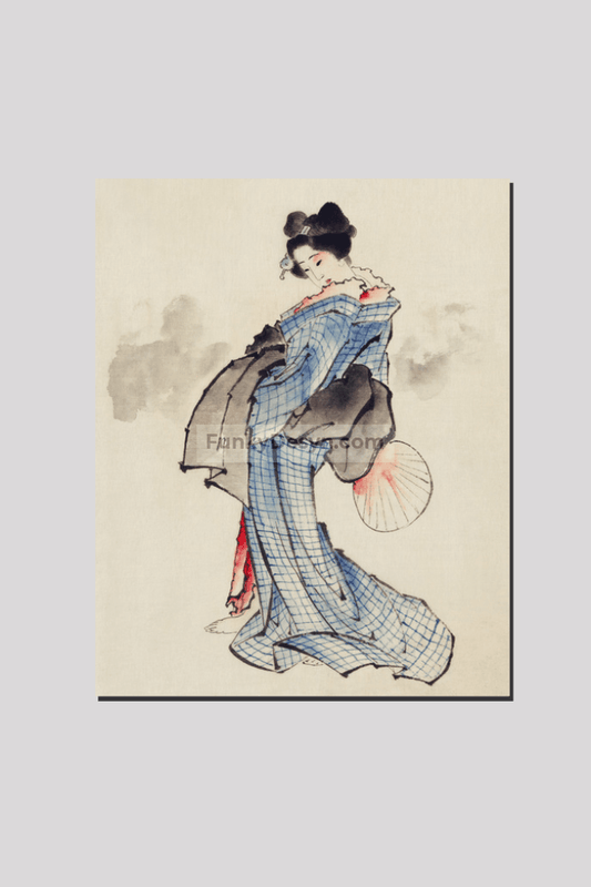 Woman, Full-Length Portrait, Standing, Facing Left, Holding Fan in Right Hand, Wearing Kimono with Check Design by Katsushika Hokusai (1760-1849), a traditional Japanese Ukyio-e style illustration of a Japanese woman in ki