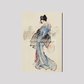 Woman, Full-Length Portrait, Standing, Facing Left, Holding Fan in Right Hand, Wearing Kimono with Check Design by Katsushika Hokusai (1760-1849), a traditional Japanese Ukyio-e style illustration of a Japanese woman in ki