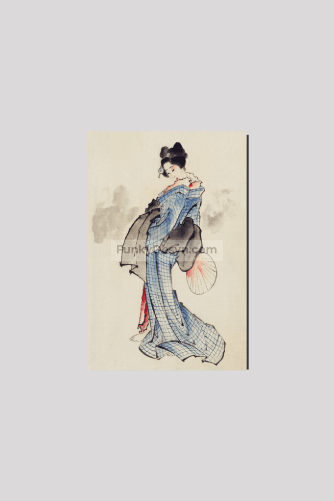 Woman, Full-Length Portrait, Standing, Facing Left, Holding Fan in Right Hand, Wearing Kimono with Check Design by Katsushika Hokusai (1760-1849), a traditional Japanese Ukyio-e style illustration of a Japanese woman in ki
