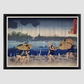 “People Walking Beneath Umbrellas Along the Seashore During a Rainstorm” by Utagawa Kuniyoshi (1798-1861), a woodcut illustrations of rural people traveling while raining.
