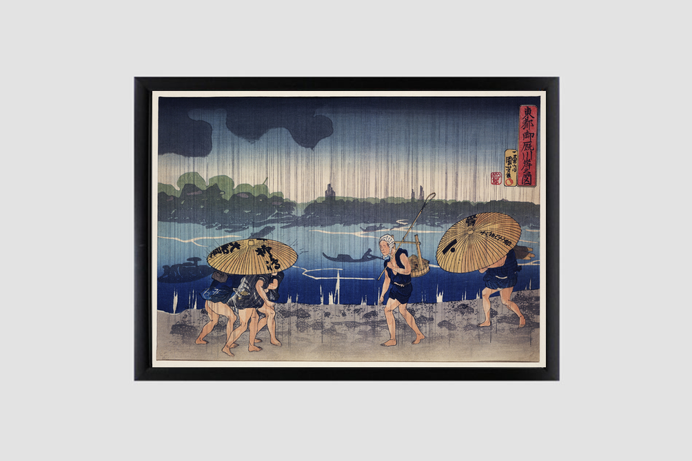 “People Walking Beneath Umbrellas Along the Seashore During a Rainstorm” by Utagawa Kuniyoshi (1798-1861), a woodcut illustrations of rural people traveling while raining.