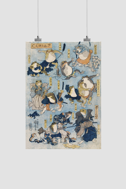 Famous Heroes of the Kabuki Stage Played by Frogs by Utagawa Kuniyoshi (1798-1861), a woodcut illustration of personified frogs in costume acting out scenes from Kabuki plays.